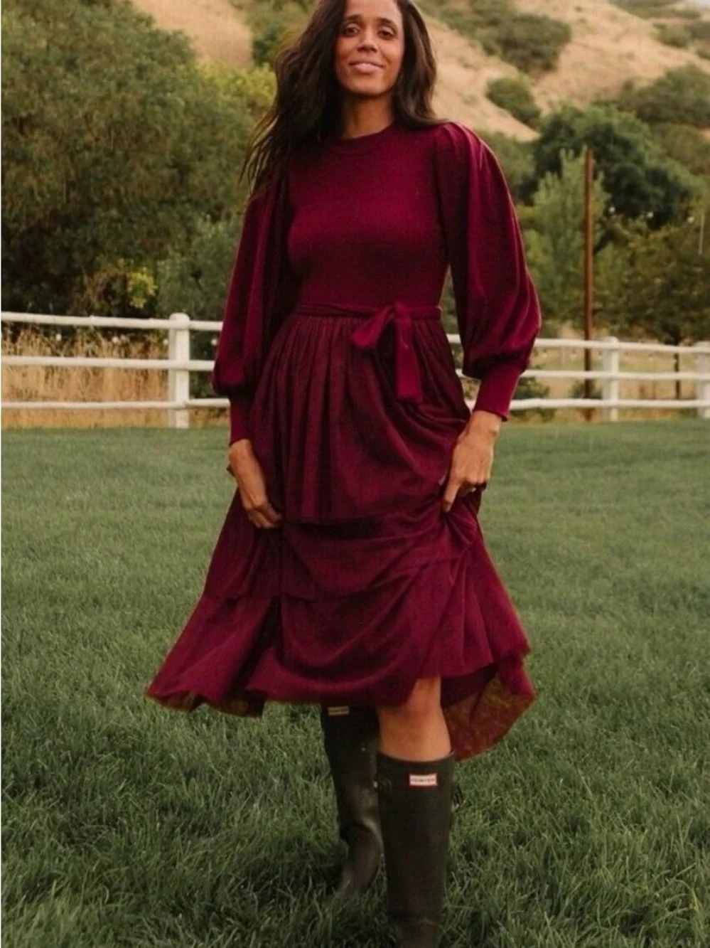 Ivy City Co Cosette Midi Dress Wine Red Ribbed Knit Tulle Ruffles Romantic Small - Picture 1 of 4